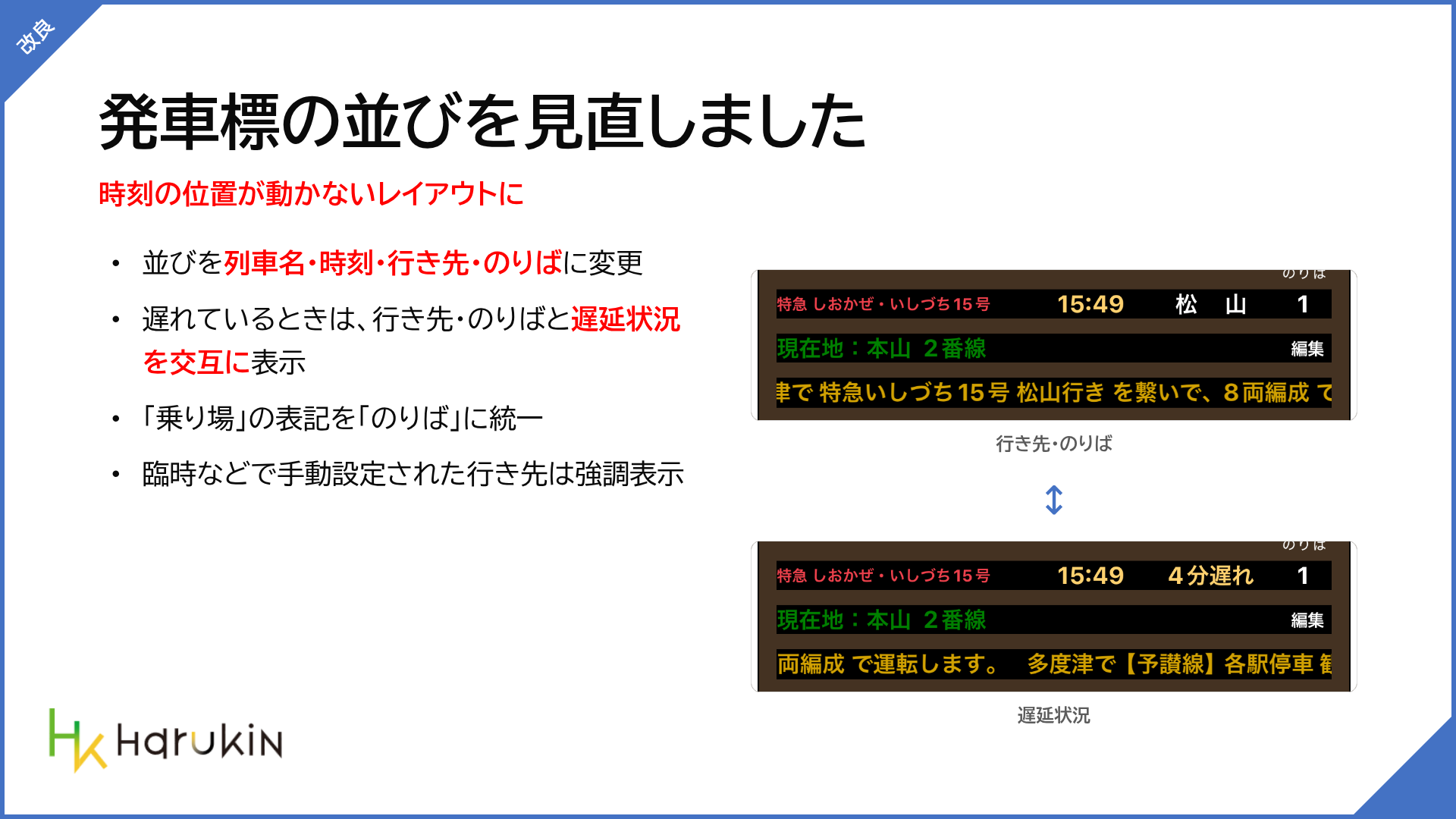 発車標の行き先と遅延表示の比較